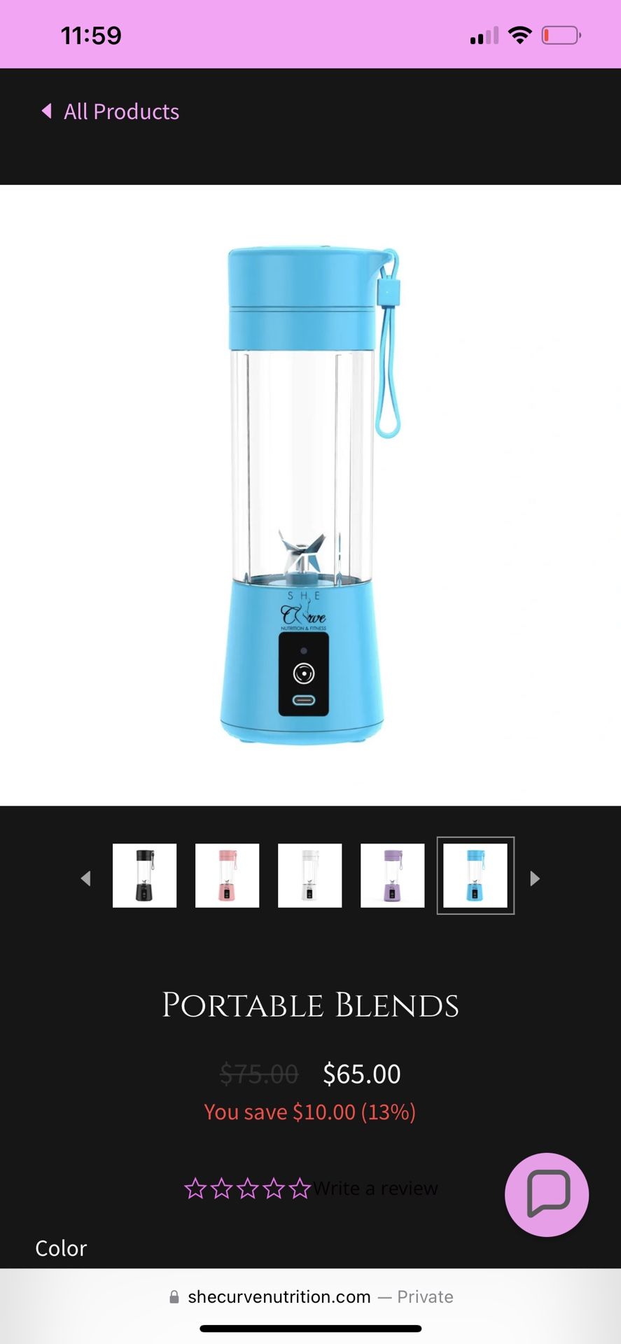 She Curve Portable Blends Smoothie and nutritional drink mixer new in box all colors available