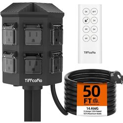 TiFFCOFiO Outdoor Power Strip with 50 FT Extension Cord, 100FT Remote Control, Dusk to Dawn Light Timer Waterproof, 6 Grounded Outlets for Yard, Pool 