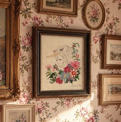 Vintage 1980’s "Unicorn Floral" counted cross-stitch Wall Hanging Wooden Framed Handcrafted Art 12”