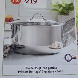 OLLA TAMALERA DE 15 QT CLÁSICA DE ACERO INOXIDABLE CON PARRILLA PRINCESS HOUSE 🌷⚘️