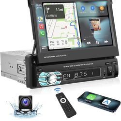 Podofo Single Din Carplay Car Stereo with Bluetooth AHD Backup Camera, 7 Inch flip Out Touch Screen Car Radio MP5 Player Support Android Auto, Mirror 