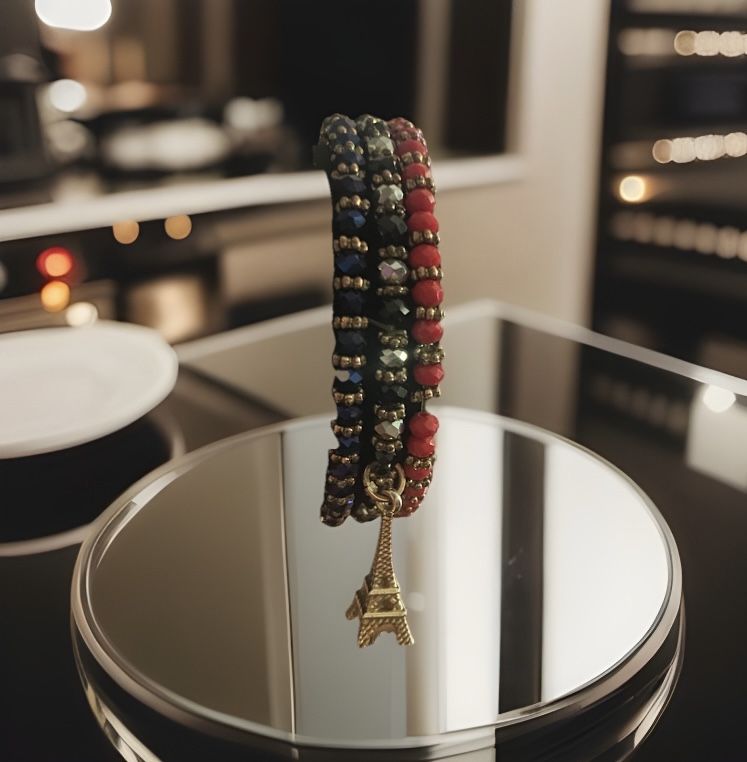 Vintage Eiffel Tower Set Strech Bracelet Blue, Black And Red