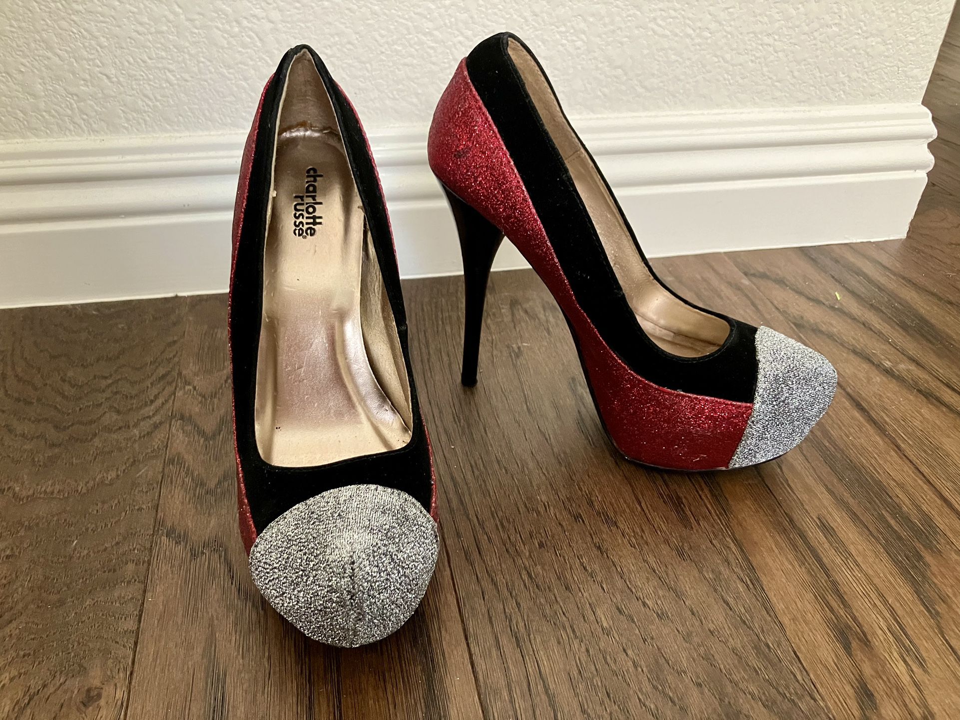 Charlotte Russe Red Silver Black Heels Y2K Women’s Size 7 Platform Shoes Glitter