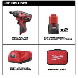 Milwaukee M12 12V Lithium-Ion Cordless 1/4 in. Hex Screwdriver Kit with Two 1.5Ah Batteries, Charger and Tool Bag