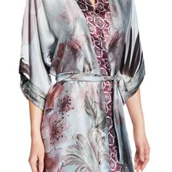 CHRISTINE LINGERIE Solitude Floral-Print Silk Short Robe Size S New With Tags 
