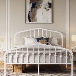 Queen Size Metal Bed Frame with Victorian Style Headboard/Footboard