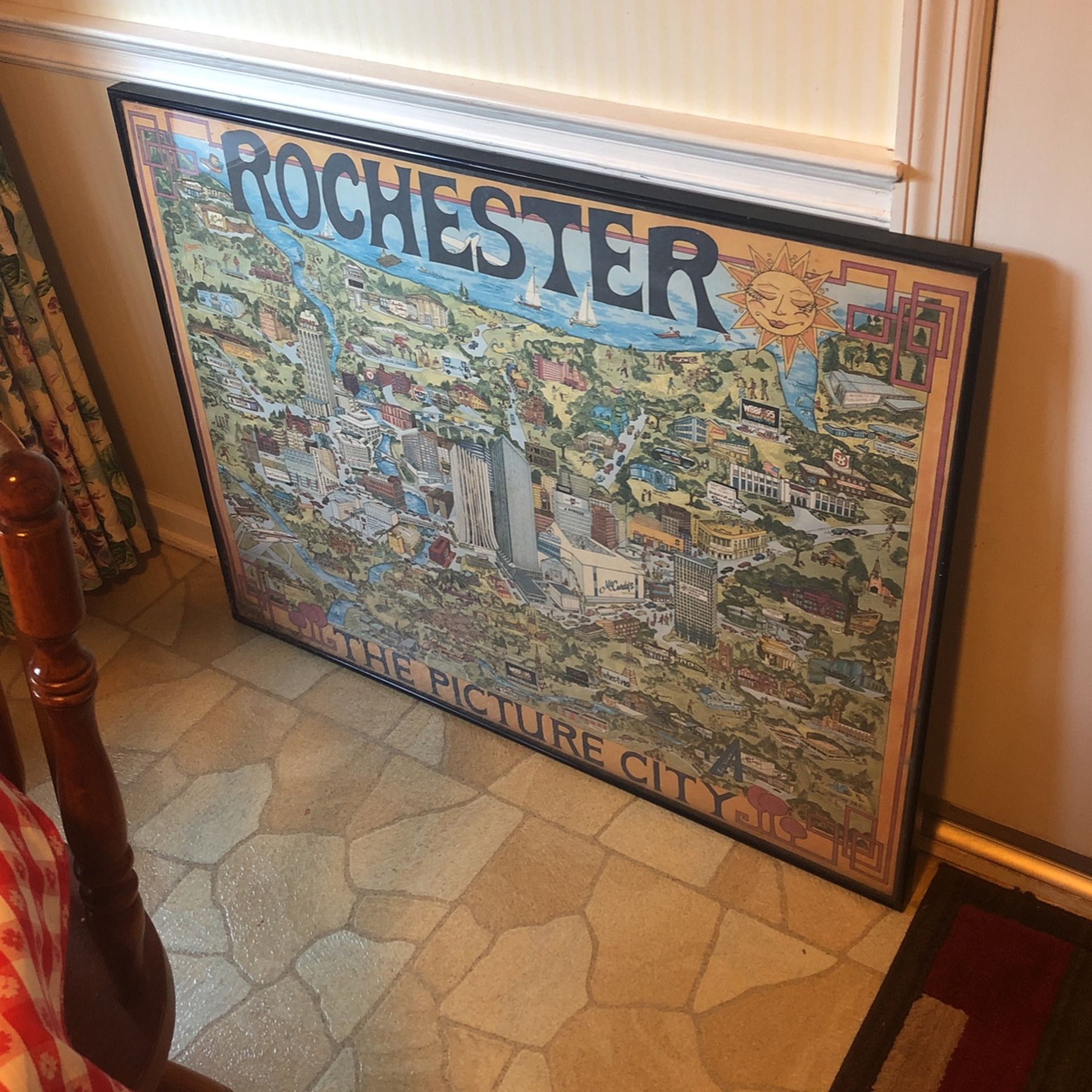 39”x 29” RARE Vintage Print: 1972 “Rochester The Picture City” Framed Cartoon Poster Map - Compare @ $100+