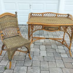 Vintage Two Toned Bamboo and Wicker Multipurpose Desk With Matching Chair.  See Full Description 