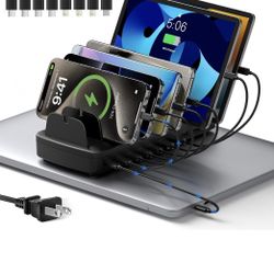 Charging Station for Multiple Devices, 10 Port Fast Charger Station with Flame-Retardant Material & 8 Cables for iPad, MacBook, iPhone, Kindle, Home O