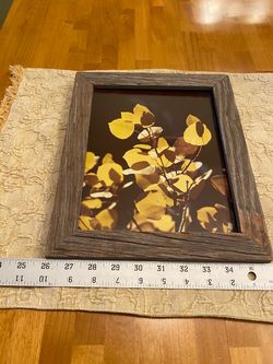 Rustic golden autumn fall leaf print in glass & weathered wood frame. 12 x 10 inch. Cabin / cottage