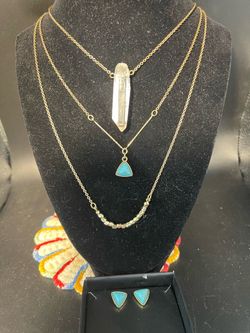 Layered Crystal Quartz and Turquoise Pendant Necklace/Earrings Set (Costume)