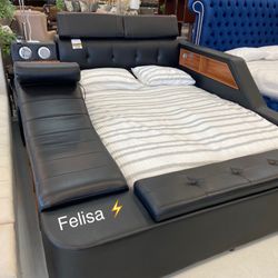 Transformer Bed in black leather, with massage chair, desk, vaul, night lamp, sound unit with usb port, and usb charging ports for cell phones 