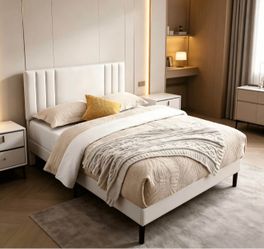 King Size Platform Bed Frame, PU Leather Adjustable Headboard, Wood Slats, No Box Spring Needed for Bedroom Apartment, White