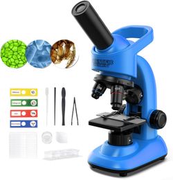 Microscope for Kids Scientific Experiment Kit 40X-1600X Magnification, LED Light, STEM Lab Tools (Blue)
