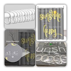NEW Set Shower Curtain & 12 Hooks “You are My Sunshine” Washable Grey/Yellow