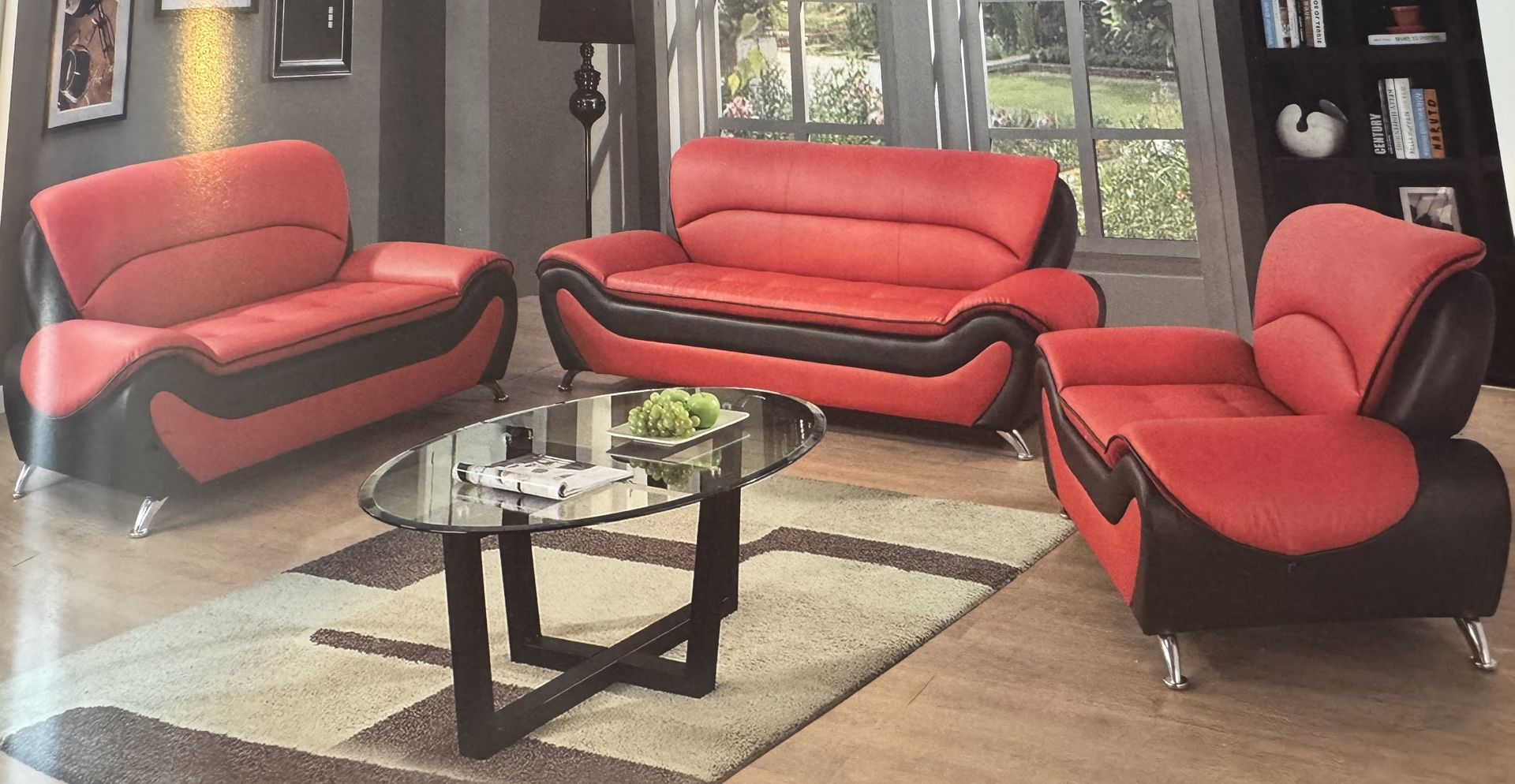 Brand New Modern Style Red Leather Three Piece Couch Set