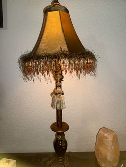 Table lamp with beaded/fringed shade, brass base, and tassel set of 2