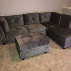 Sienna Silver Velvet Sectional with Ottoman