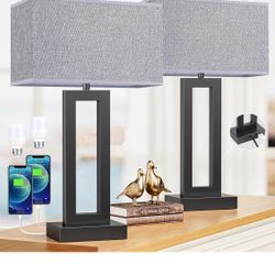 22" Tall Modern Living Room Lamps - Touch Bedside Lamps with USB C+A, 3 Way Dimmable for End Tables - Set of 2 (Grey & Black)
