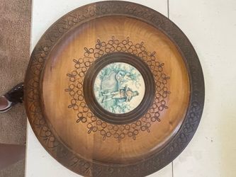 Vintage Decorative Carved Wood Plate with Pastoral Scene