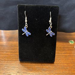 New Silver Blue Dragonfly Earrings