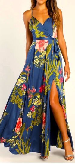 Lulus Still the One Blue Satin Floral Maxi dress size Large