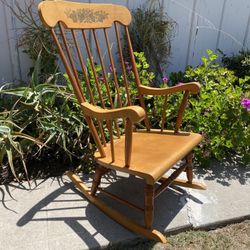 Vintage Rocking Chair Solid Oak Light Brown Golden Tone