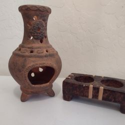 2  Tea Light Candle Holders Footed Chimney & Oblong