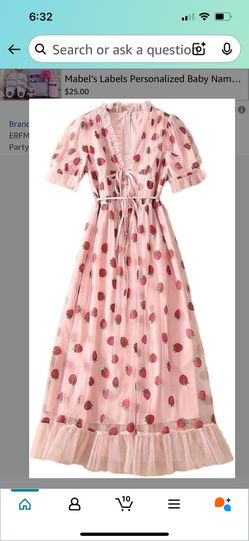 KL Women's V-Neck Belt Strawberry Short-Sleeved Party Mid-Length Dress Mesh Puff Sleeve