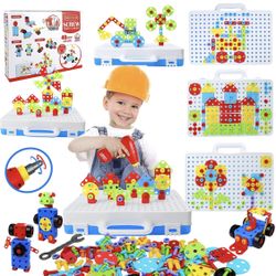 STEM Toys for 3 5 7 Year Old Boys Kids, 232 Pcs Kids Drill Set Building Blocks, DIY Educational Construction Engineering Toys, Creative Mosaic Electri