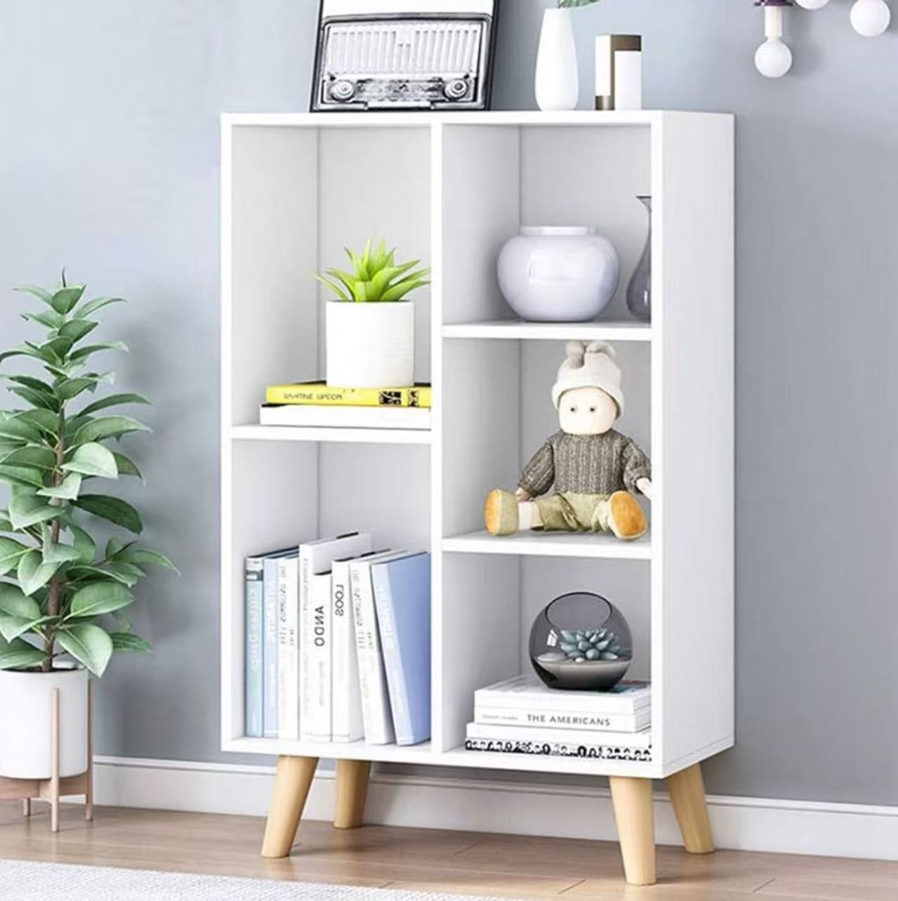 Wooden Open Shelf Bookcase - 3-Tier Floor Standing Display Cabinet Rack with Legs, 5 Cubes Bookshelf, Warm White