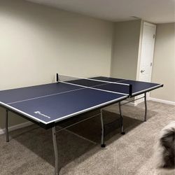 Official Size Indoor Table Tennis Pong Table, 4 Piece Foldable Design with Net, Paddles & Balls – Blue/White