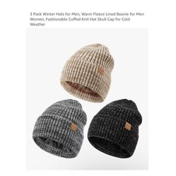 Brand new 3 Pack Winter Hats for Men, Warm Fleece Lined Beanie for Men Women, Fashionable Cuffed Knit Hat Skull Cap for Cold Weather  Whitestone/Flush