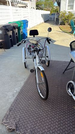 Cute white tricycle with basket and lock and mirror
