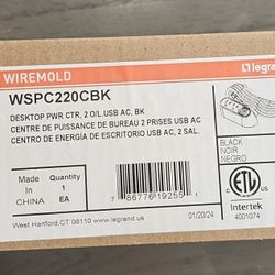 Wiremold WSPC220CBK Desktop Power & Charging Center w/ Mounting Kit, 2-TR Outlets, 1-USB-A, 1- USB-C