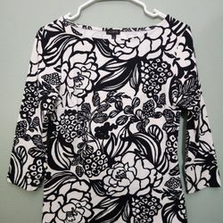 Talbots Black & White Floral Print 3/4 Sleeve Knit Top, Size S