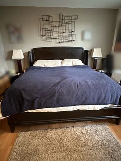 West Elm King Bed Frame + 2 Matching Nightstands – Dark Wood Bedroom Set – $400 OBO