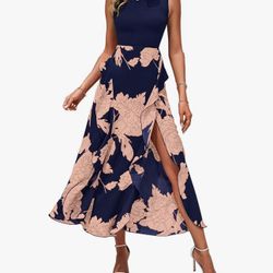 Floral Midi Dress, Navy blue and Pink , Size Small