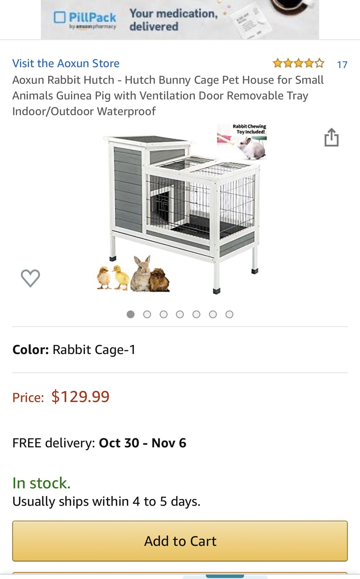 Aoxun Rabbit Hutch - Hutch Bunny Cage Pet House for Small Animals Guinea Pig with Ventilation Door Removable Tray Indoor/Outdoor Waterproof