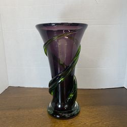 Stunning Amethyst Hand blown Glass Vase With Wrapped Around Green Vines