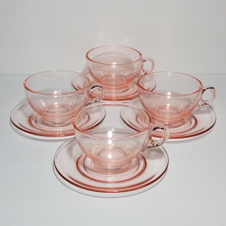 4 Pink Depression Glass Teacups and Saucers