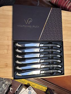 New Wolfgang Puck ~ High Carbon Steel Steak Knife Set Of 6 in Gift Box (Black Marble)