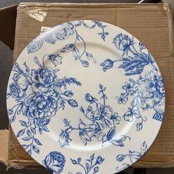 Charger Plates 13" Round White with Light Blue Floral French Toile Pattern