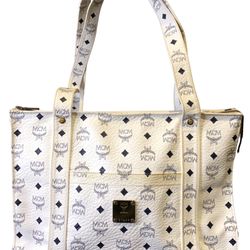 MCM White Visetos Leather Tote Bag