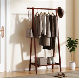 Folding Rubber Wood Clothes Hanging Rack with Bottom Storage Shelf for Bedroom