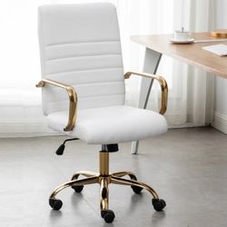Ergonomic White Faux Leather Adjustable Home Office Arm Chair Golden Finish