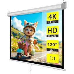 120'' Projector Screen Manual Pull Down, 1:1 Indoor Outdoor Projection Screen Moive Screen, Retractable Video Screen for Home Theater Office (120'' Wh