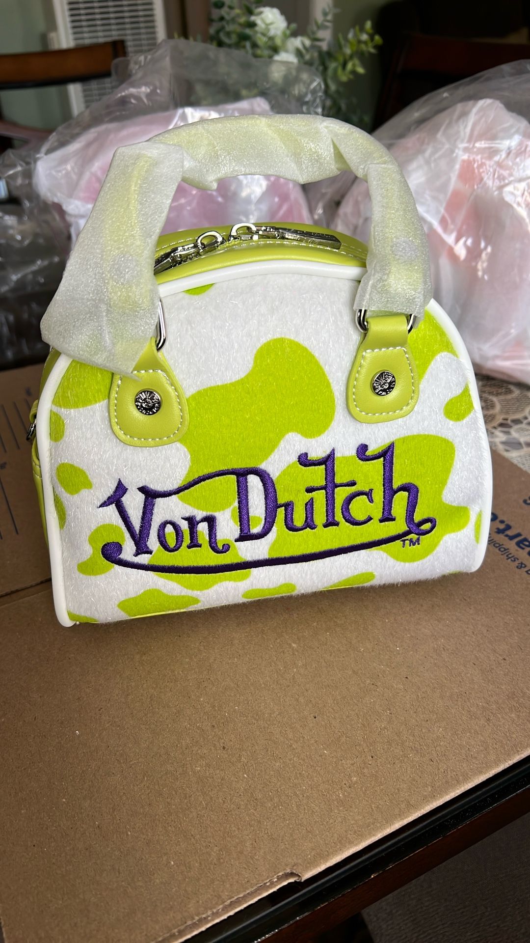 VonDucth Lime Green Cow Print Bag 