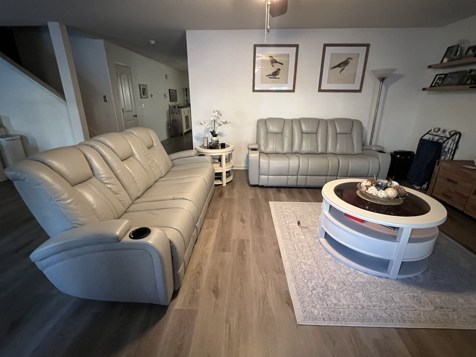 Dual Leather Recliner Sofa Set And Tables