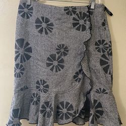 IDEOLOGY Gray Black Floral Wool Blend Faux Wrap Ruffle SKIRT Women's 6  